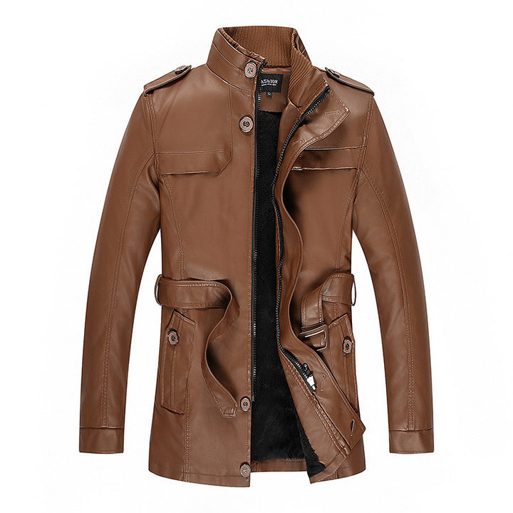 Men's leather jacket with teddy lining, waist belt, and stand-up collar Mune Fashion