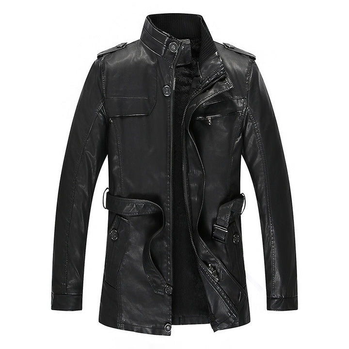 Men's leather jacket with teddy lining, waist belt, and stand-up collar Mune Fashion