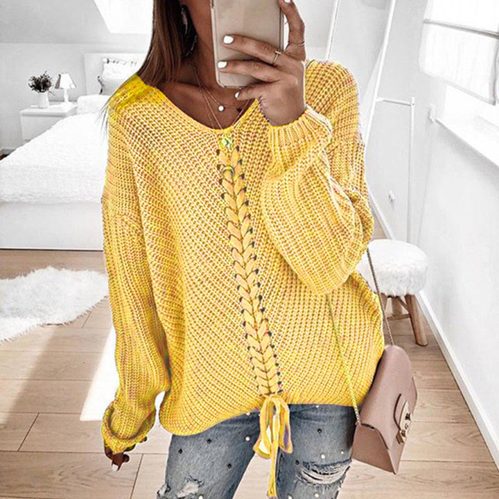 Women's Oversized Knit Sweater with V-Neck, Cable Knit and Lacing Mune Fashion
