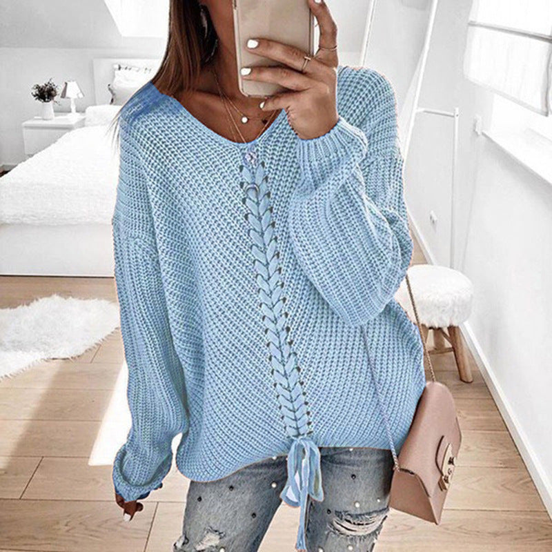 Women's Oversized Knit Sweater with V-Neck, Cable Knit and Lacing Mune Fashion