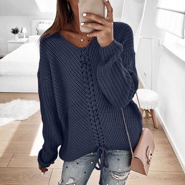 Women's Oversized Knit Sweater with V-Neck, Cable Knit and Lacing Mune Fashion