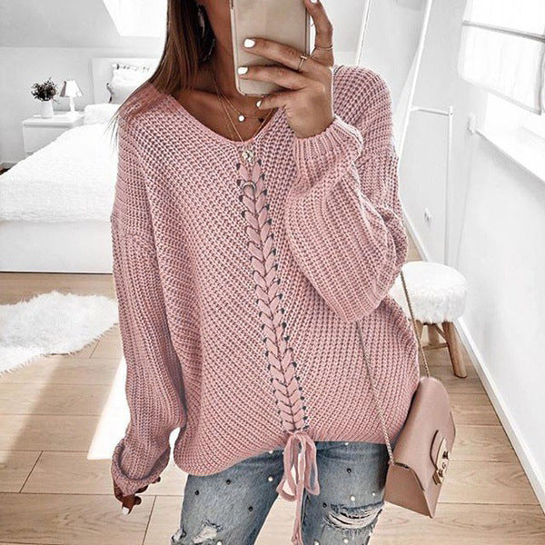 Women's Oversized Knit Sweater with V-Neck, Cable Knit and Lacing Mune Fashion