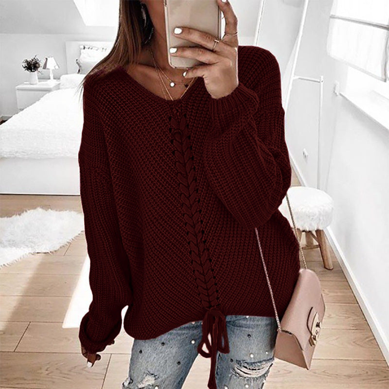 Women's Oversized Knit Sweater with V-Neck, Cable Knit and Lacing Mune Fashion