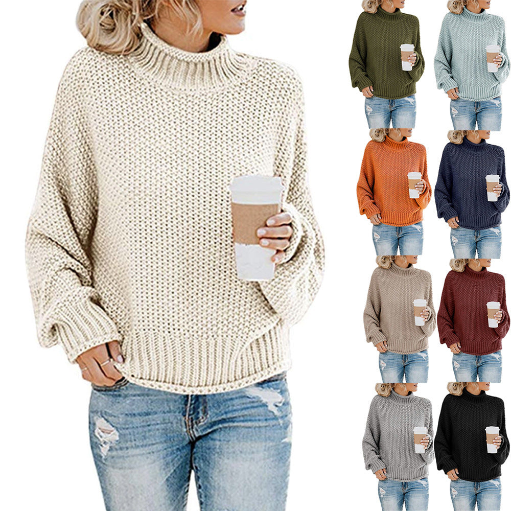 Women's oversized knitted sweater with roll neck, coarse textured knit and balloon sleeves Mune Fashion