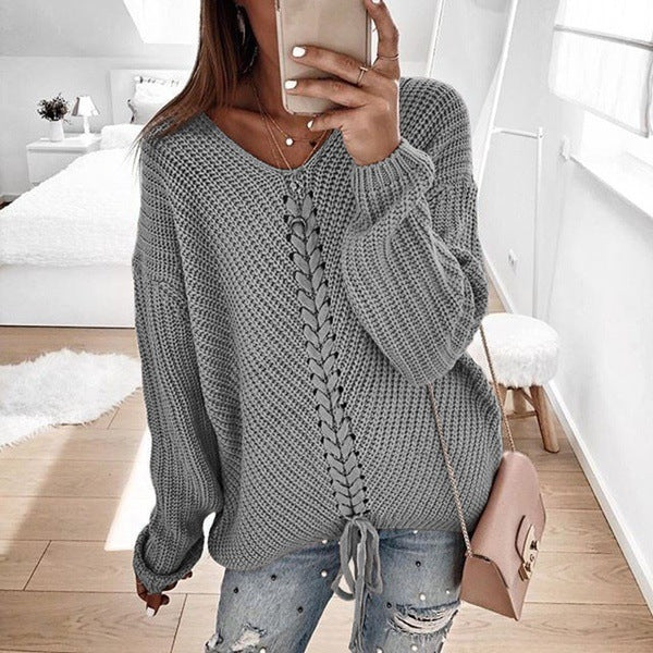 Women's Oversized Knit Sweater with V-Neck, Cable Knit and Lacing Mune Fashion