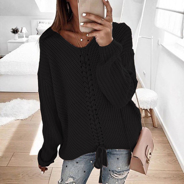 Women's Oversized Knit Sweater with V-Neck, Cable Knit and Lacing Mune Fashion