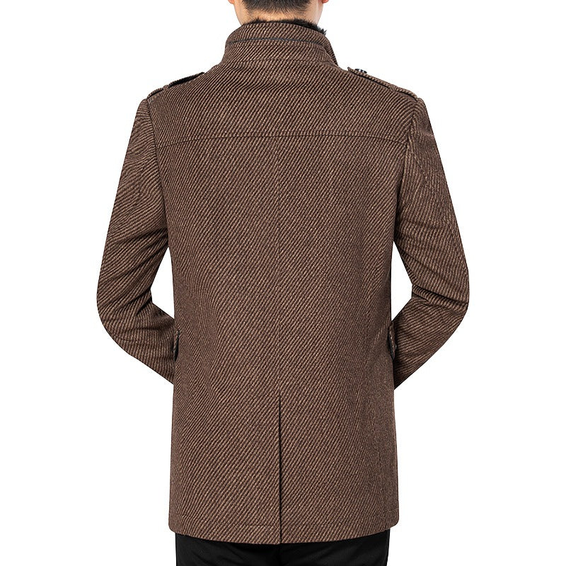 Men's Diagonally Striped Short Coat with Faux Fur Collar and Epaulettes Mune Fashion