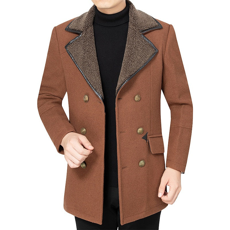 Men's double-breasted wool blend short coat with warming teddy lining and lapel collar Mune Fashion