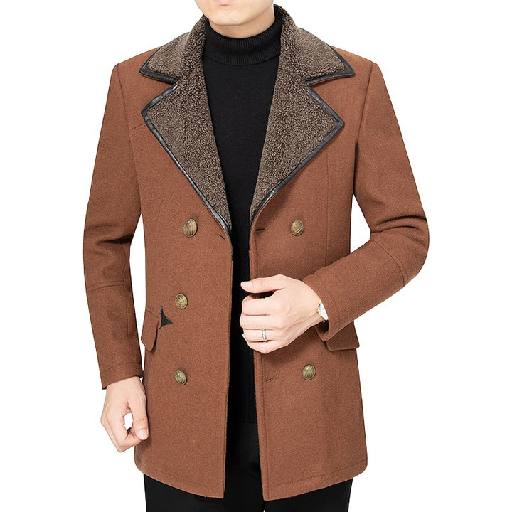 Men's double-breasted wool blend short coat with warming teddy lining and lapel collar Mune Fashion