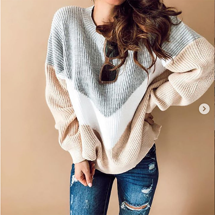 Women's Oversize Colorblock Sweater with V Intarsia, Ribbed Cuffs and Structured Knit Mune Fashion