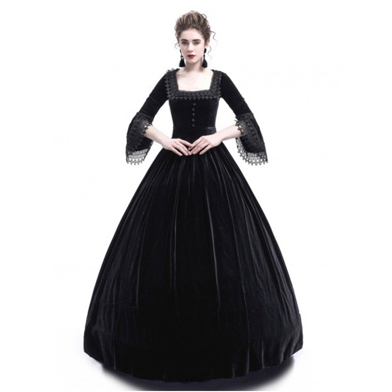Women's Victorian Velvet Ball Gown with Ruffled Waist and Lace Sleeves Mune Fashion