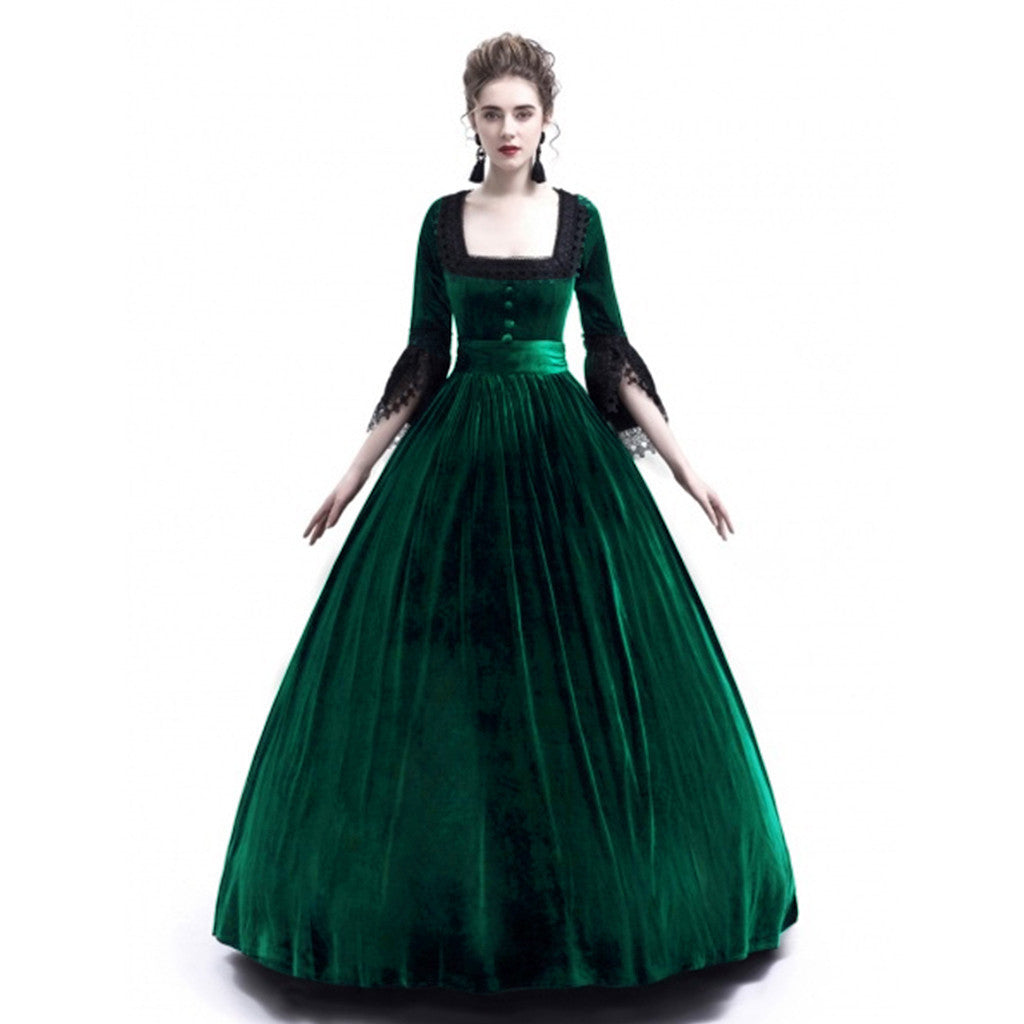 Women's Victorian Velvet Ball Gown with Ruffled Waist and Lace Sleeves Mune Fashion