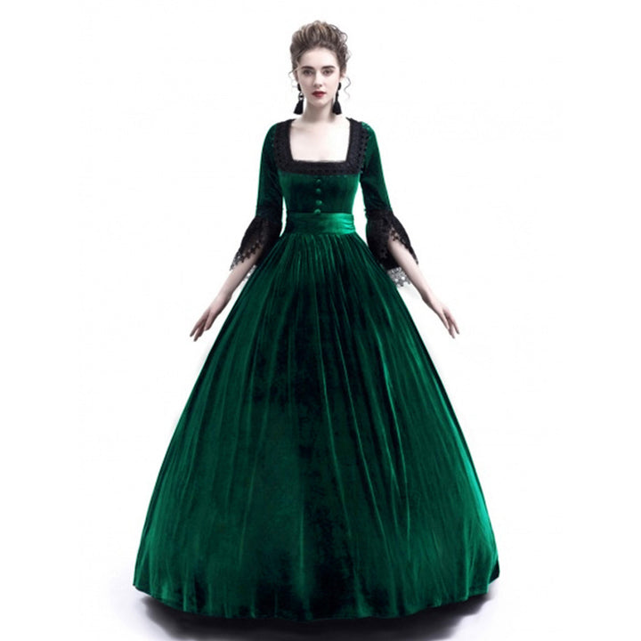 Women's Victorian Velvet Ball Gown with Ruffled Waist and Lace Sleeves Mune Fashion