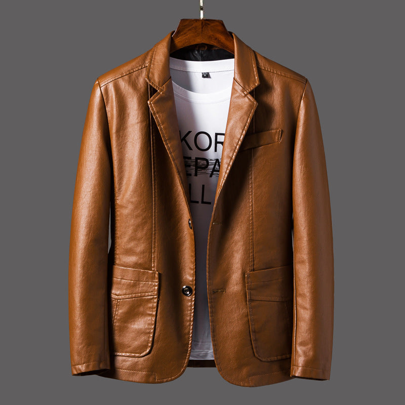 Men's Elegant Faux Leather Blazer with Shirt Collar and Patch Pockets Mune Fashion