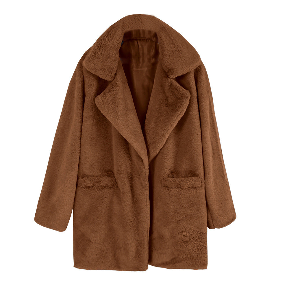 Women's Teddy Faux Fur Coat with Lapel Collar and Patch Pockets Mune Fashion