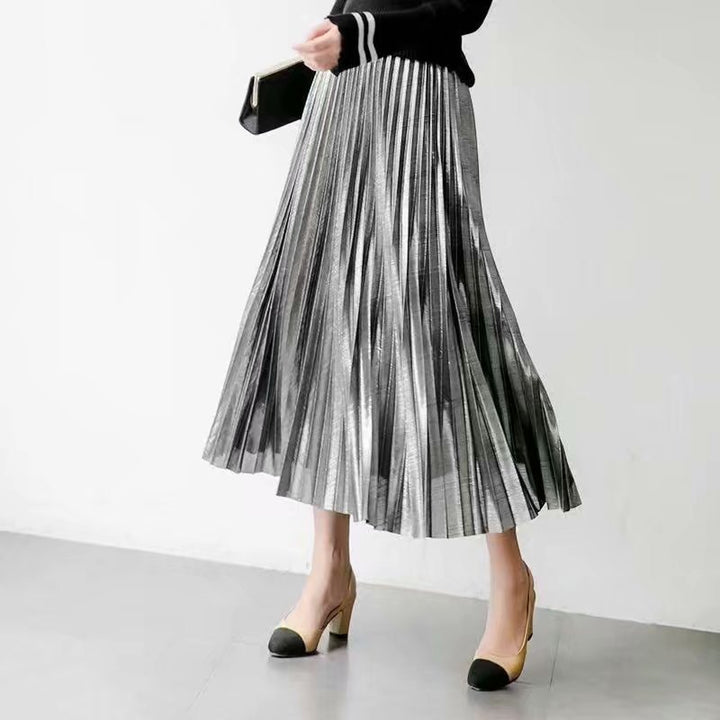 Women's Long Pleated Faux Leather Maxi Skirt with Elastic Waistband Mune Fashion