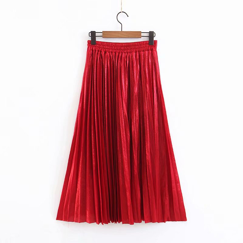 Women's Long Pleated Faux Leather Maxi Skirt with Elastic Waistband Mune Fashion