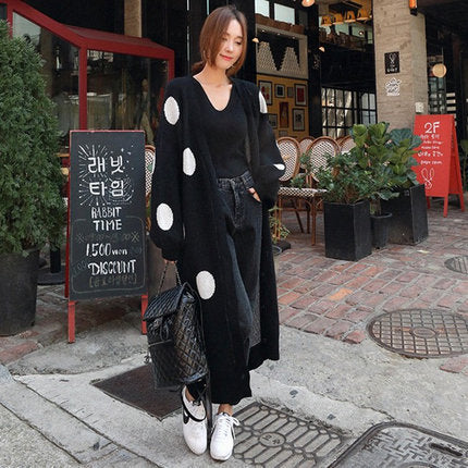 Women's Long Oversized Knit Coat with Large Polka Dot Pattern, Balloon Sleeves and Open Front Mune Fashion