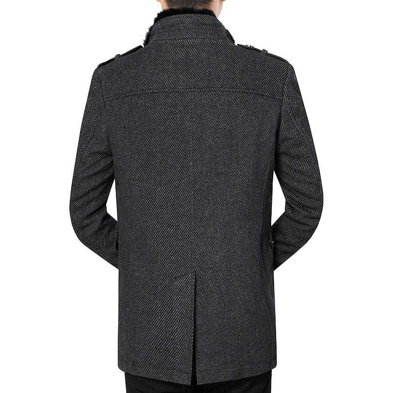 Men's Diagonally Striped Short Coat with Faux Fur Collar and Epaulettes Mune Fashion