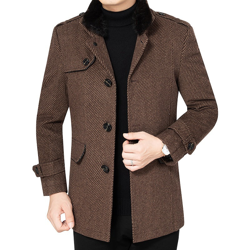 Men's Diagonally Striped Short Coat with Faux Fur Collar and Epaulettes Mune Fashion