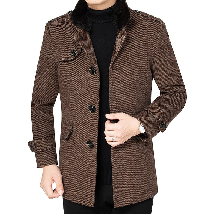 Men's Diagonally Striped Short Coat with Faux Fur Collar and Epaulettes Mune Fashion
