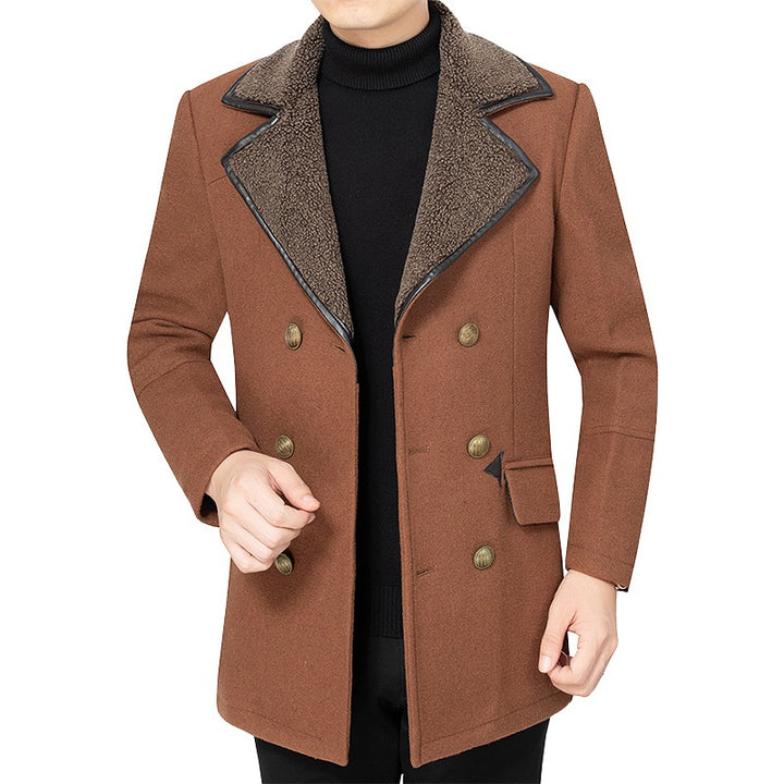 Men's double-breasted wool blend short coat with warming teddy lining and lapel collar Mune Fashion