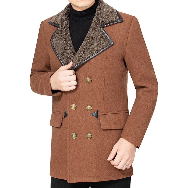 Men's double-breasted wool blend short coat with warming teddy lining and lapel collar Mune Fashion