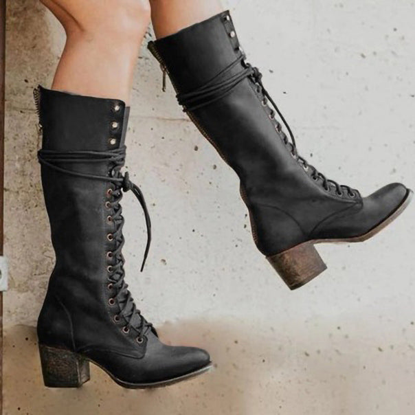 Women’s Lace-Up Knee-High Boots with Block Heel