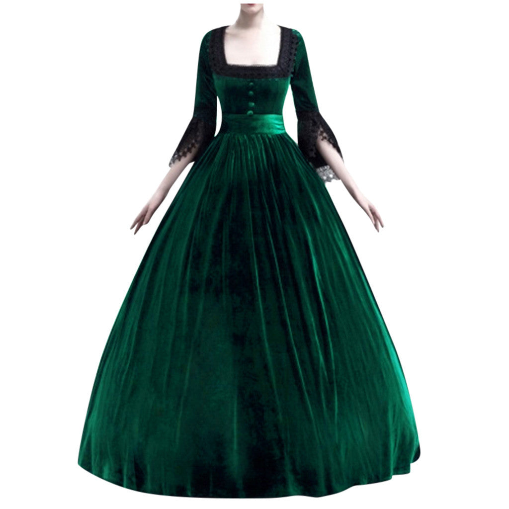 Women's Victorian Velvet Ball Gown with Ruffled Waist and Lace Sleeves Mune Fashion