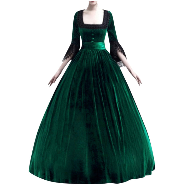 Women's Victorian Velvet Ball Gown with Ruffled Waist and Lace Sleeves Mune Fashion