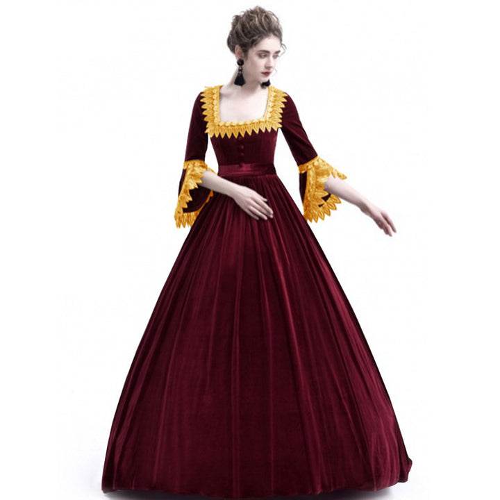 Women's Victorian Velvet Ball Gown with Ruffled Waist and Lace Sleeves Mune Fashion