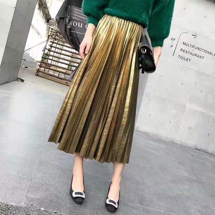 Women's Long Pleated Faux Leather Maxi Skirt with Elastic Waistband Mune Fashion