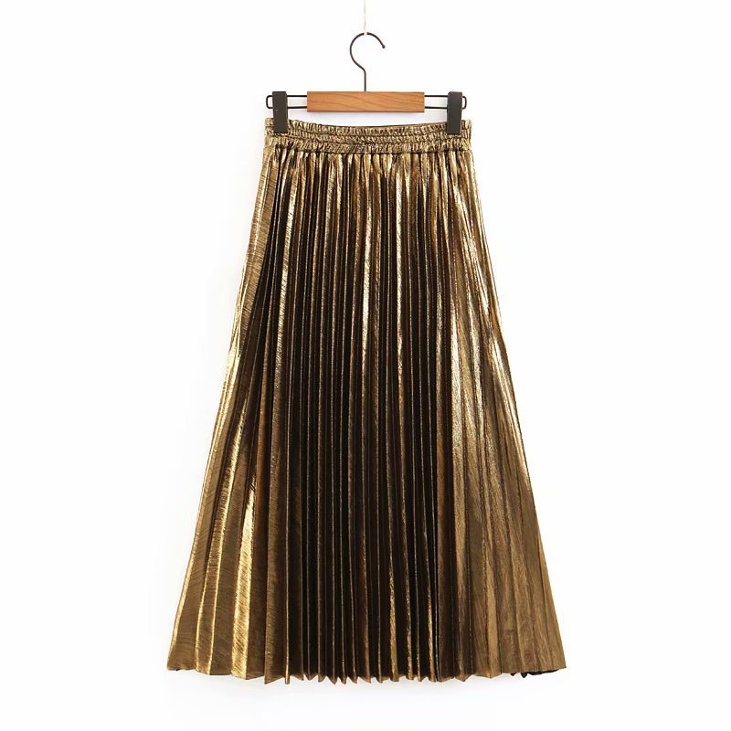 Women's Long Pleated Faux Leather Maxi Skirt with Elastic Waistband Mune Fashion