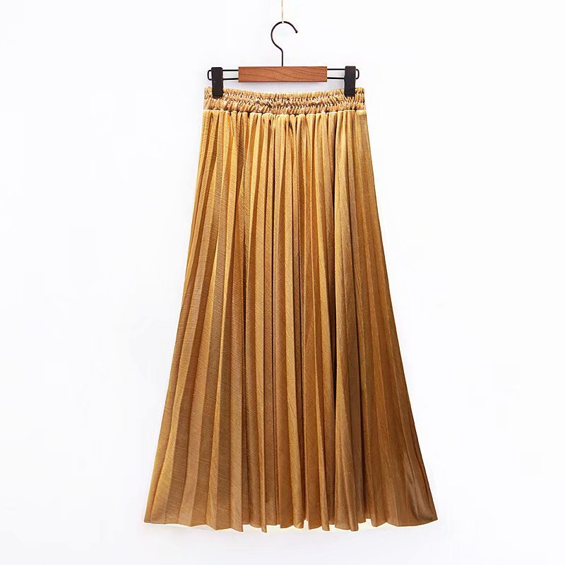 Women's Long Pleated Faux Leather Maxi Skirt with Elastic Waistband Mune Fashion