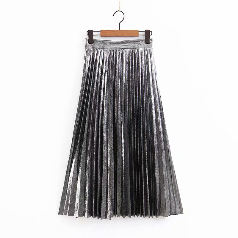Women's Long Pleated Faux Leather Maxi Skirt with Elastic Waistband Mune Fashion