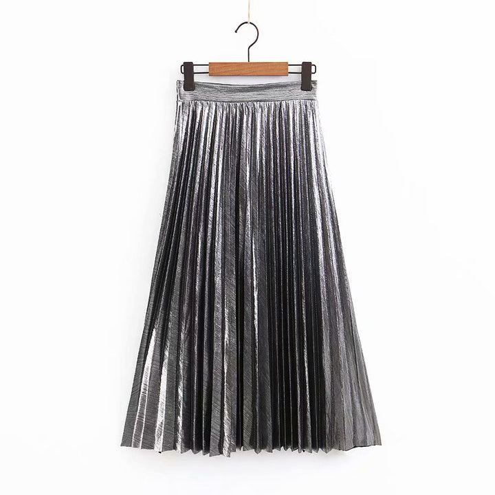 Women's Long Pleated Faux Leather Maxi Skirt with Elastic Waistband Mune Fashion