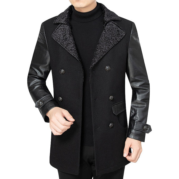 Men's Double-Breasted Short Coat with Faux Leather Sleeves and Teddy Collar Mune Fashion