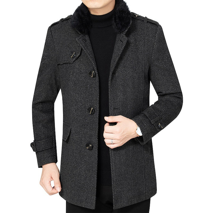 Men's Diagonally Striped Short Coat with Faux Fur Collar and Epaulettes Mune Fashion