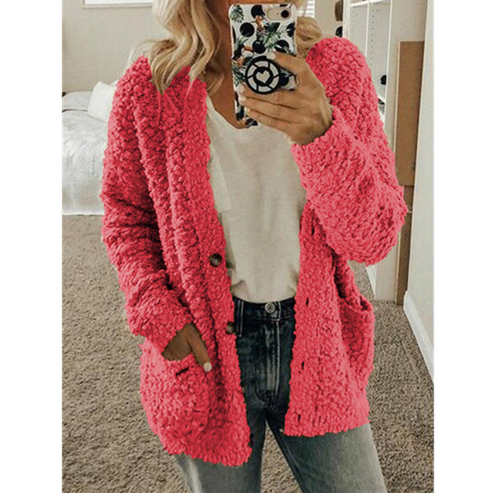 Women’s cropped teddy fleece cardigan with subtle button placket and patch pockets Mune Fashion