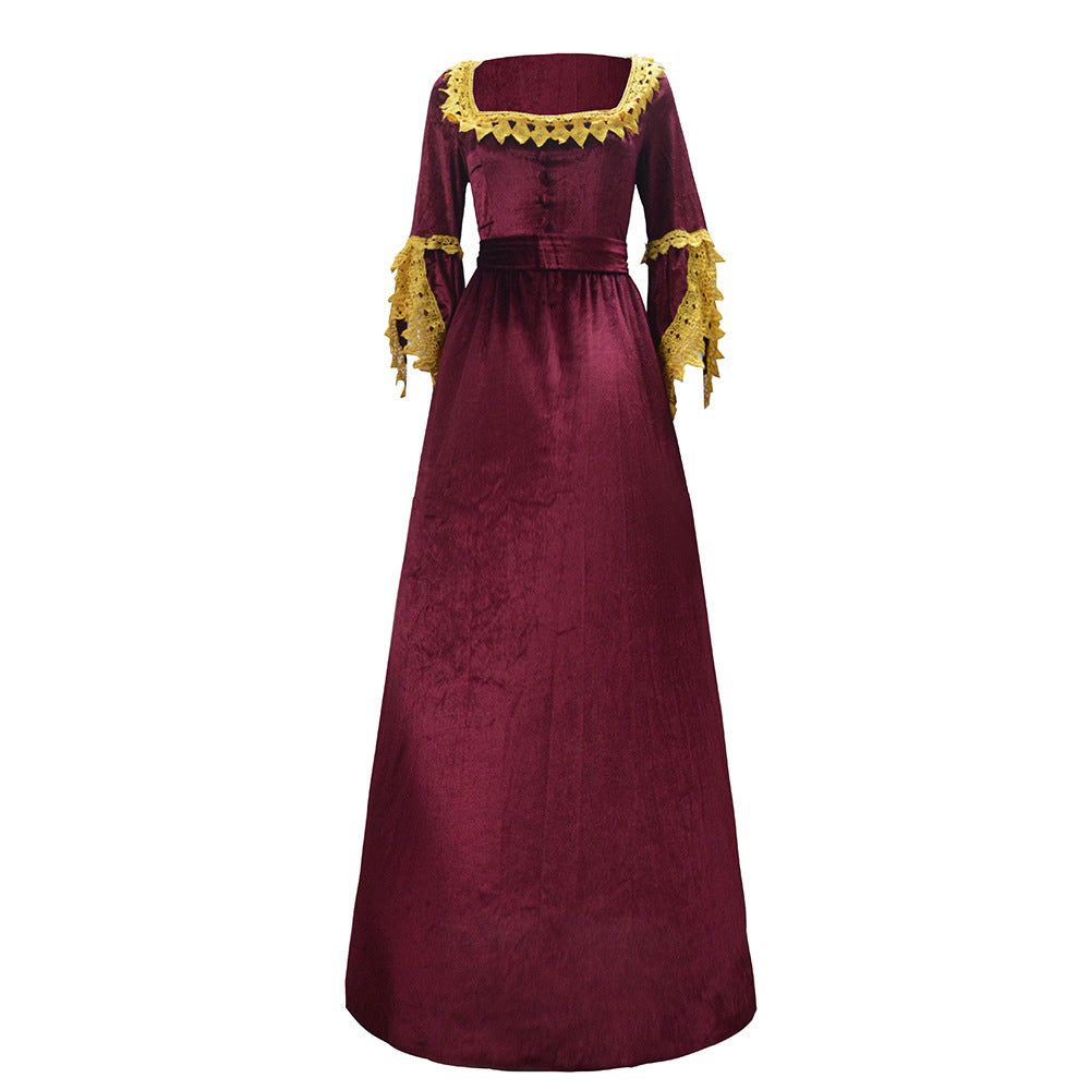 Women's Victorian Velvet Ball Gown with Ruffled Waist and Lace Sleeves Mune Fashion