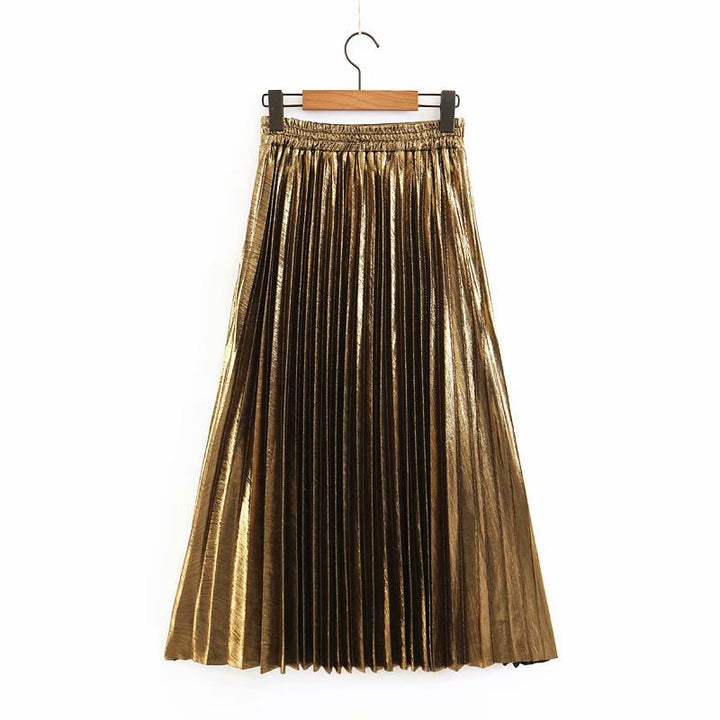 Women's Long Pleated Faux Leather Maxi Skirt with Elastic Waistband Mune Fashion