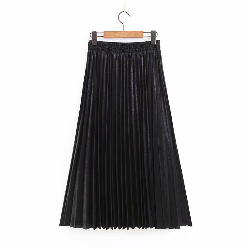 Women's Long Pleated Faux Leather Maxi Skirt with Elastic Waistband Mune Fashion