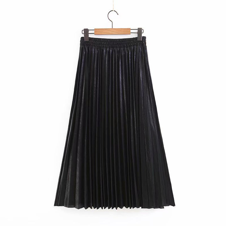 Women's Long Pleated Faux Leather Maxi Skirt with Elastic Waistband Mune Fashion