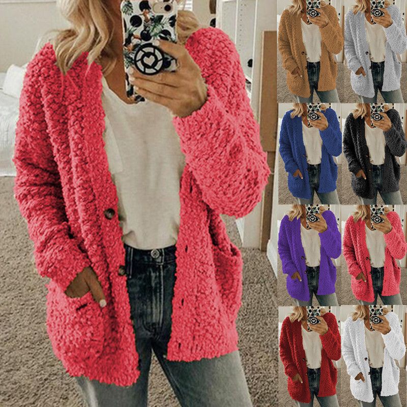Women’s cropped teddy fleece cardigan with subtle button placket and patch pockets Mune Fashion