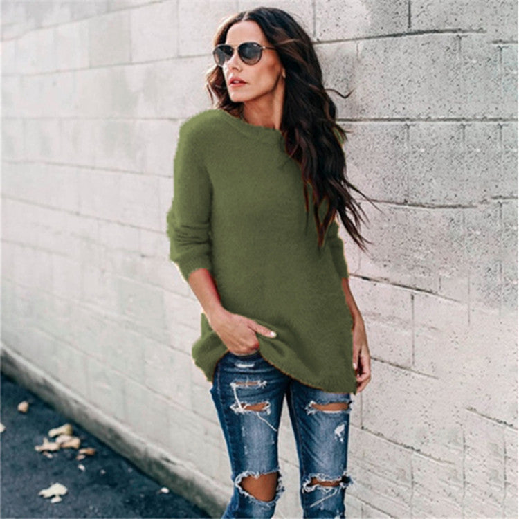 Women's cozy oversized knit sweater with round neckline, high-low hem, and side slits Mune Fashion