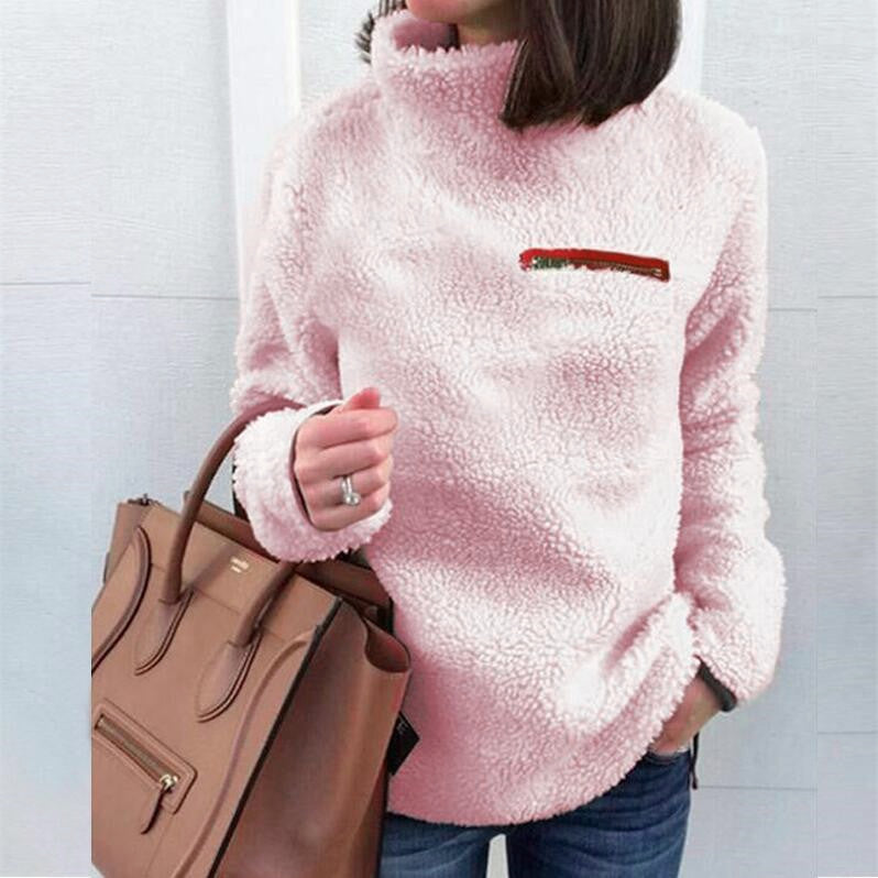 Women's cozy teddy fleece pullover with stand-up collar and chest zipper Mune Fashion