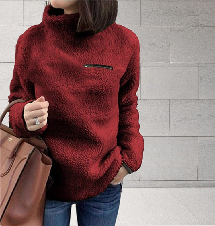 Women's cozy teddy fleece pullover with stand-up collar and chest zipper Mune Fashion