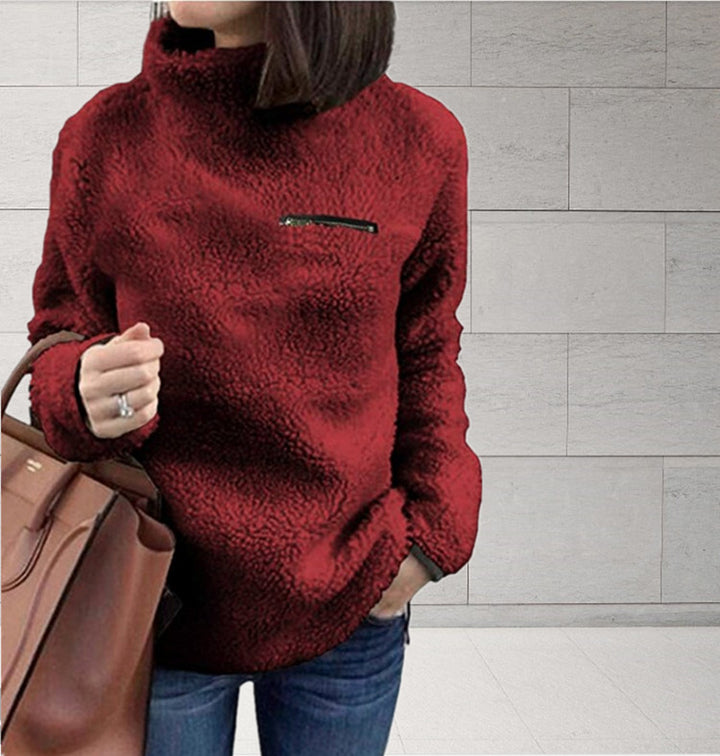 Women's cozy teddy fleece pullover with stand-up collar and chest zipper Mune Fashion