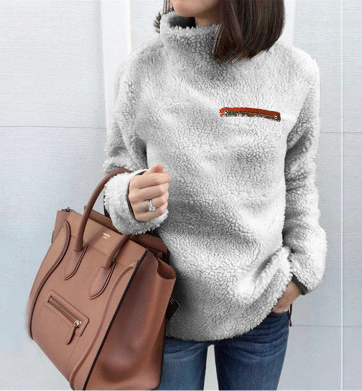 Women's cozy teddy fleece pullover with stand-up collar and chest zipper Mune Fashion