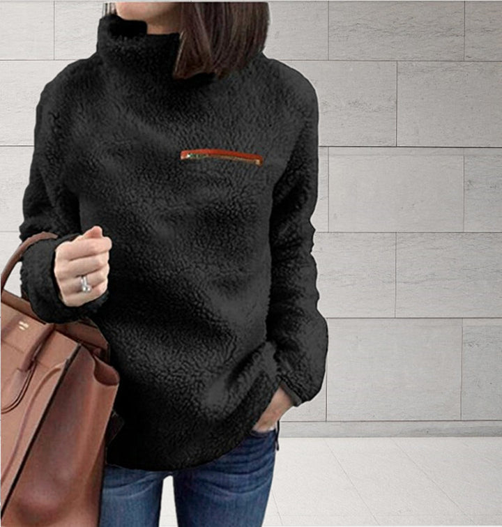 Women's cozy teddy fleece pullover with stand-up collar and chest zipper Mune Fashion